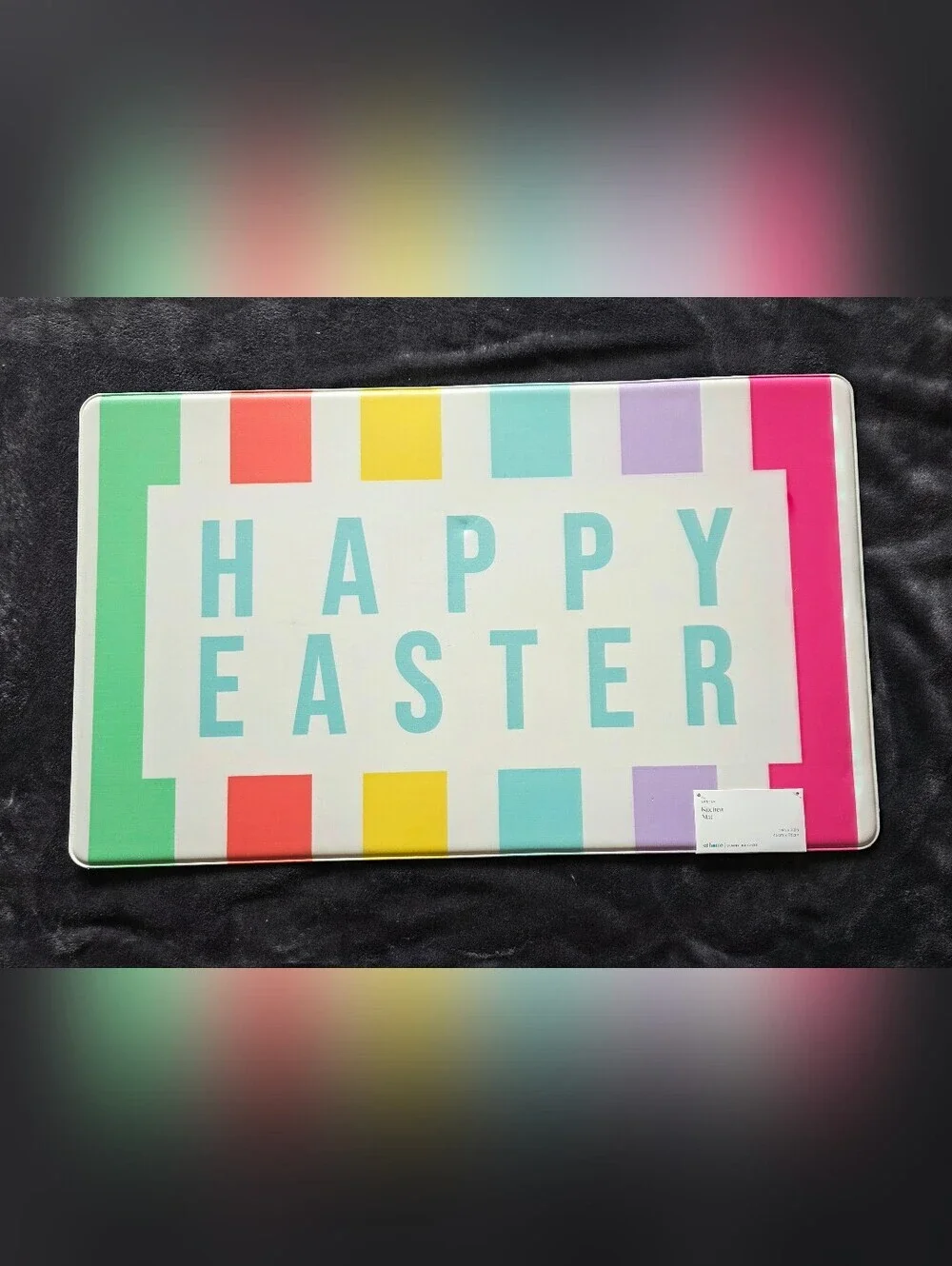 New Happy Easter Striped Kitchen Mat, 18x30, white, pink, lilac, teal, yellow